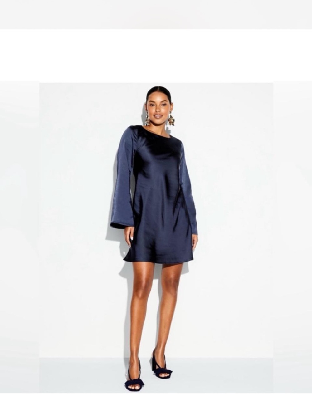 Navy Satin Long-Sleeve Shift Dress